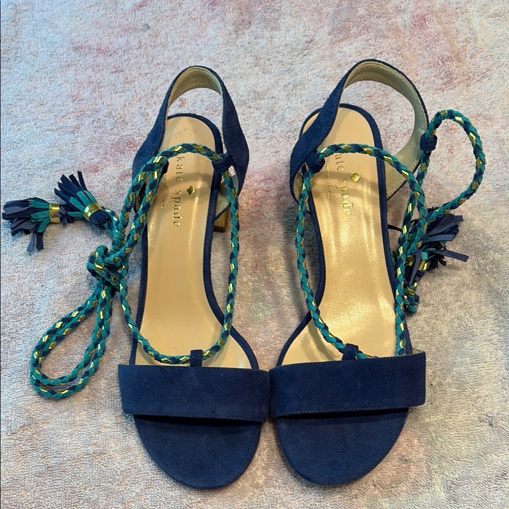 Kate Spade Navy and Green Strappy Sandals With Tassells